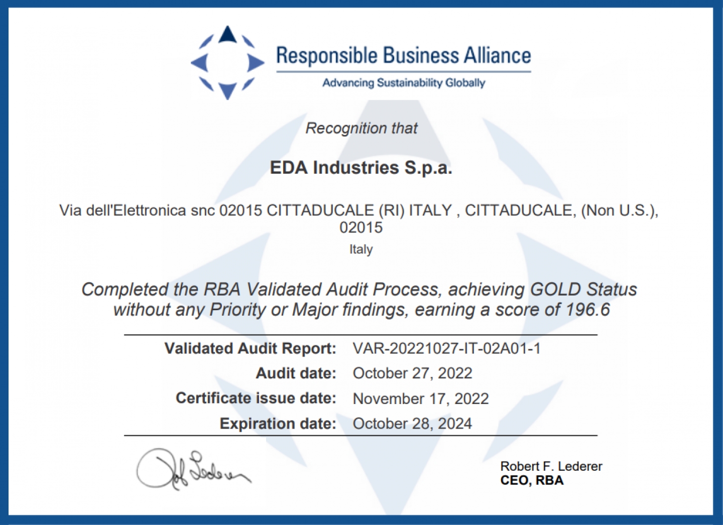 RBA Certification: EDA S.P.A has obtained the GOLD Status